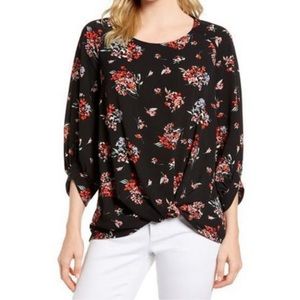 Gibson Nordstrom 3/4 Puff Sleeve Twist Bottom Black Floral Top Size L EUC